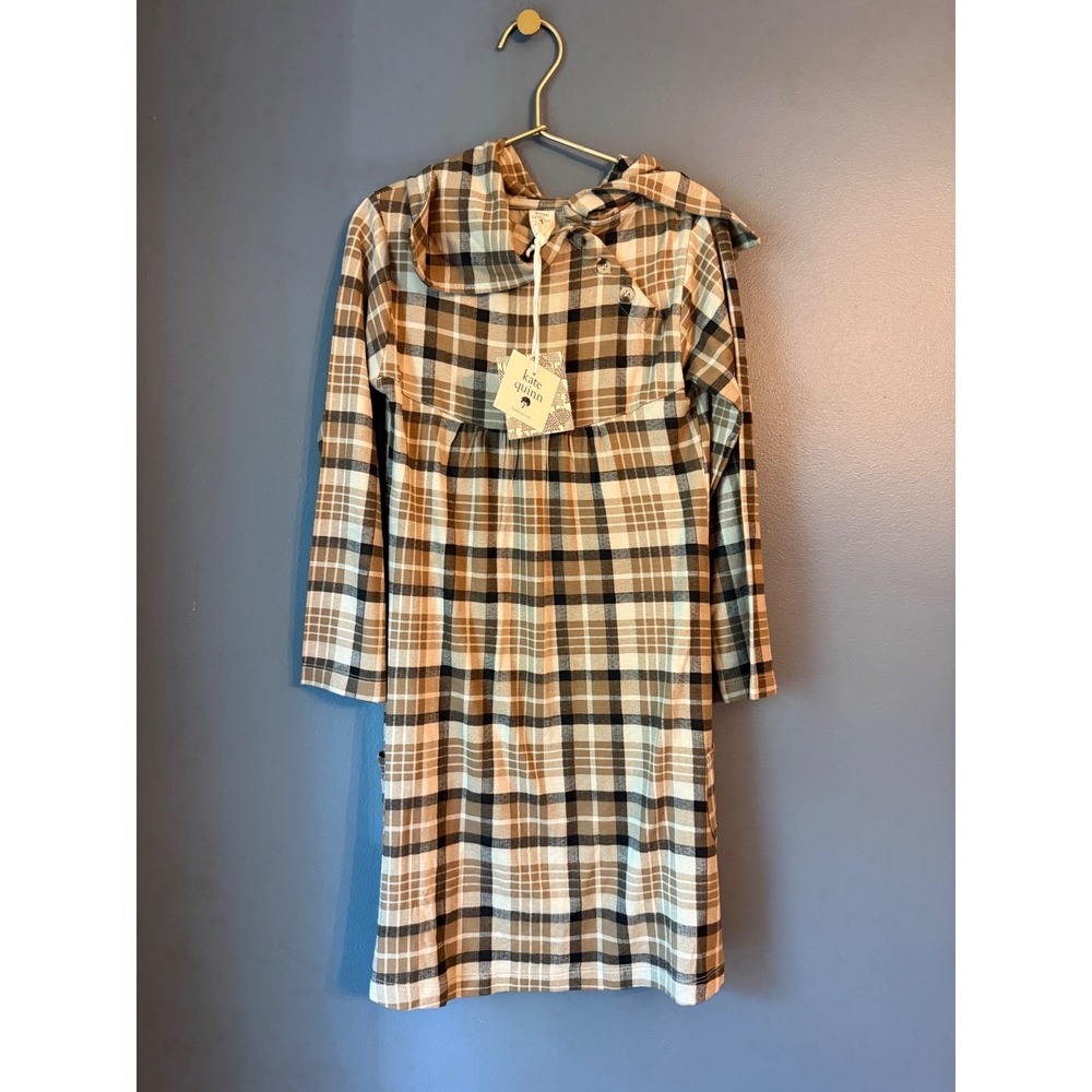 NEW Kate Quinn Bamboo Brown Plaid Long Sleeve Button Neck Dress Kids 7Y NWT